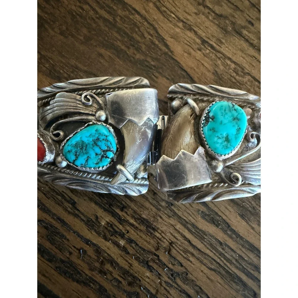 Vintage Navajo Sterling Silver Turquoise Coral Bear Claw Watch Band Old Pawn DDC